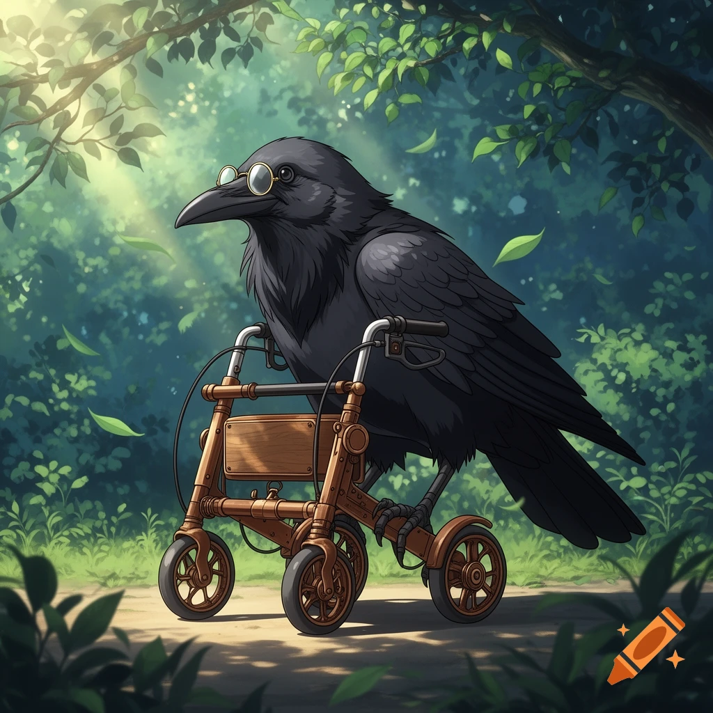 An old crow with round glasses pushes a wooden walker through a sunlit, leafy forest path in an illustrative style.