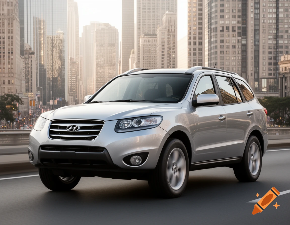 A silver Hyundai Santa Fe SUV drives on a road with a blurry city skyline in the background.