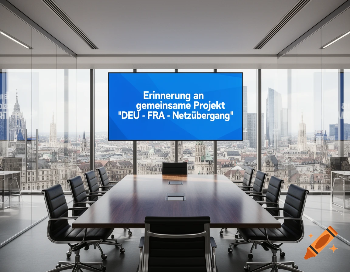 A modern conference room with a large blue screen displaying German text, overlooking a city skyline with buildings.