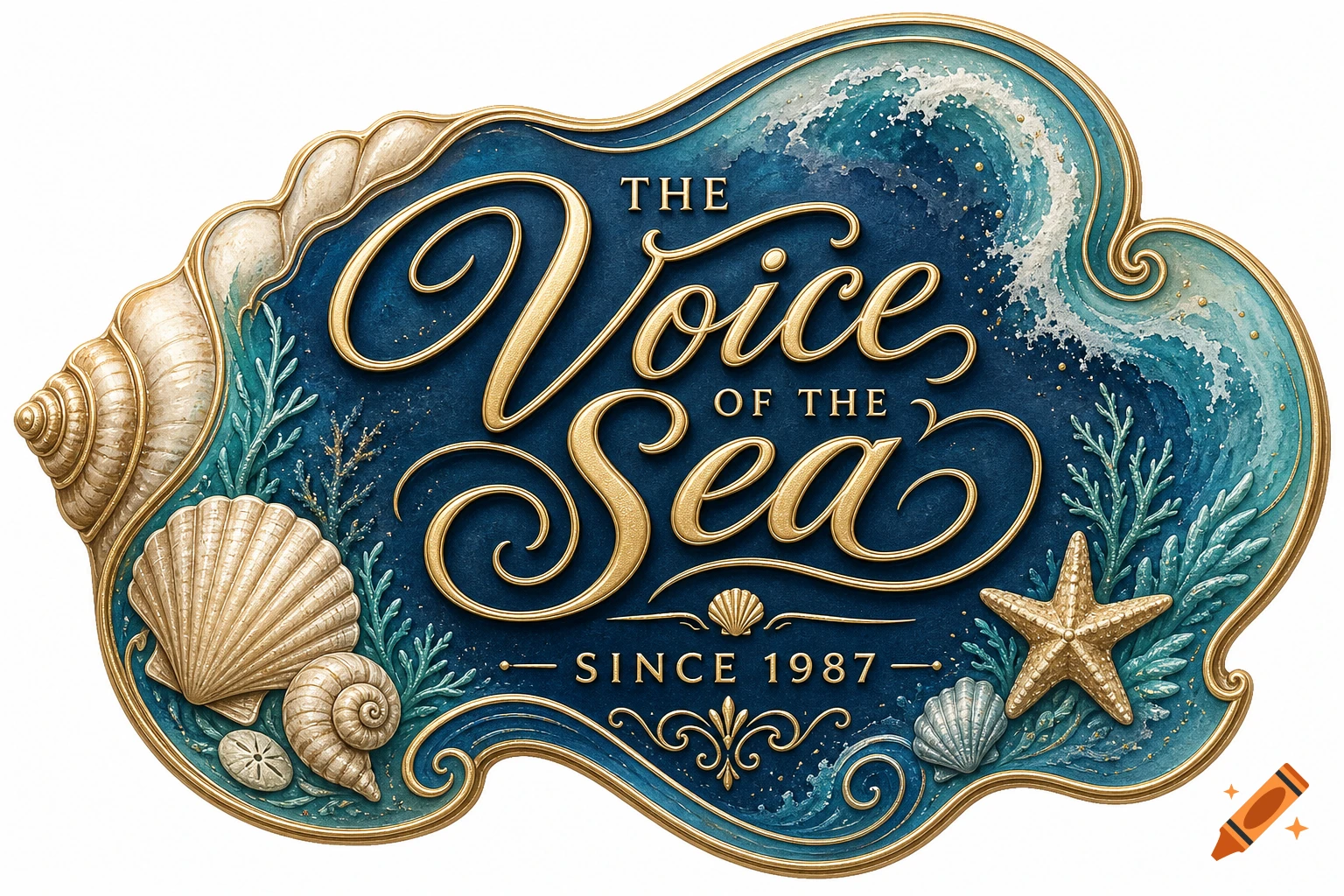Decorative label with golden text 'The Voice of the Sea Since 1987', surrounded by shells, coral, and waves on a blue background.
