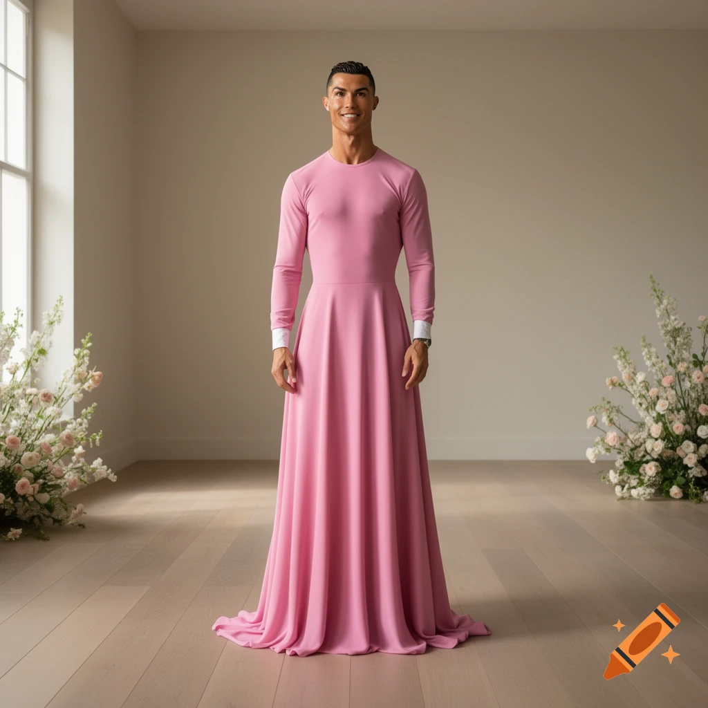 Cristiano Ronaldo smiling in a minimalist room, wearing a long pink dress. Flowers are on either side of him.