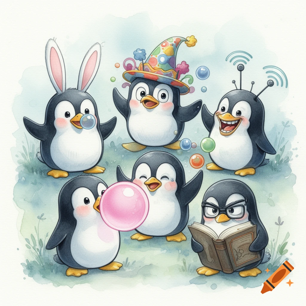 Whimsical watercolor illustration of six cartoon penguins with various funny poses, including rabbit ears, a colorful hat, antennae, blowing bubblegum, and reading a book.