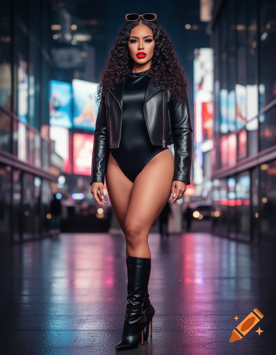 A confident woman in a black leather jacket, bodysuit, and high-heeled boots poses on a city street at night with neon lights.