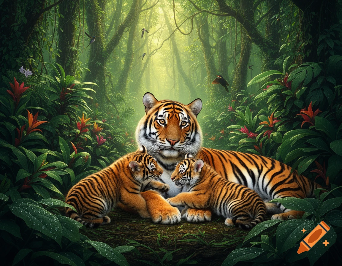 A photorealistic tiger mother and two cubs lying together in a lush rainforest.