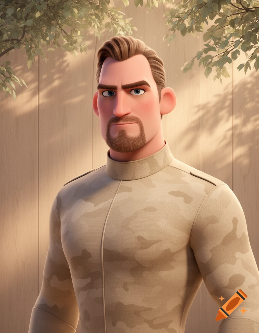 Animated man with goatee in beige camouflage uniform stands before a wooden fence with green leaves.