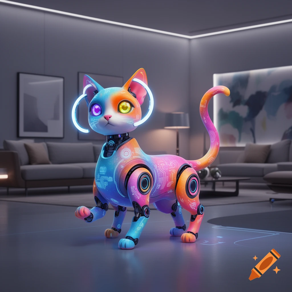 A vibrant, colorful robot cat with glowing blue neon accents and circuit patterns stands in a modern, dimly lit room.