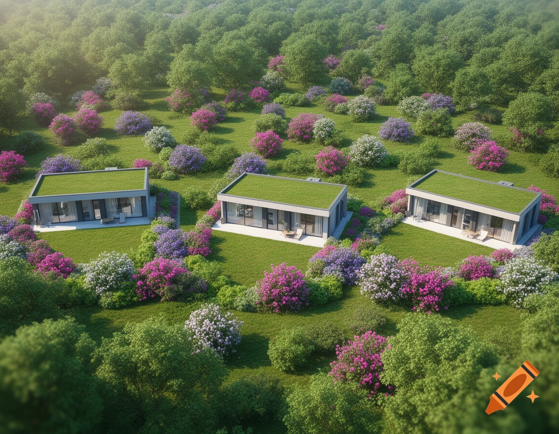 Aerial view of three modern bungalows with green roofs, nestled in lush green lawns and surrounded by colorful flowering bushes.