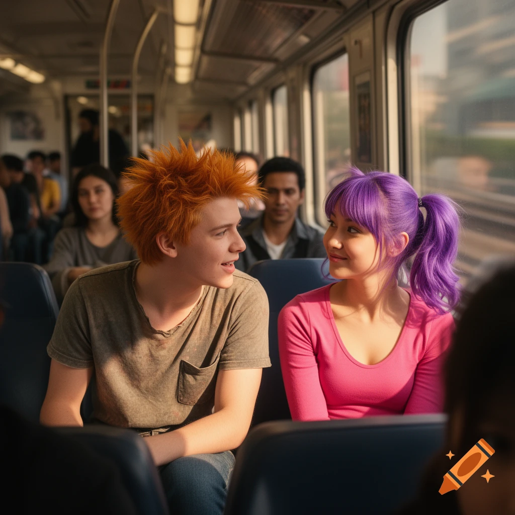 A young man with spiky orange hair and a young woman with purple pigtails smile at each other while riding a train.