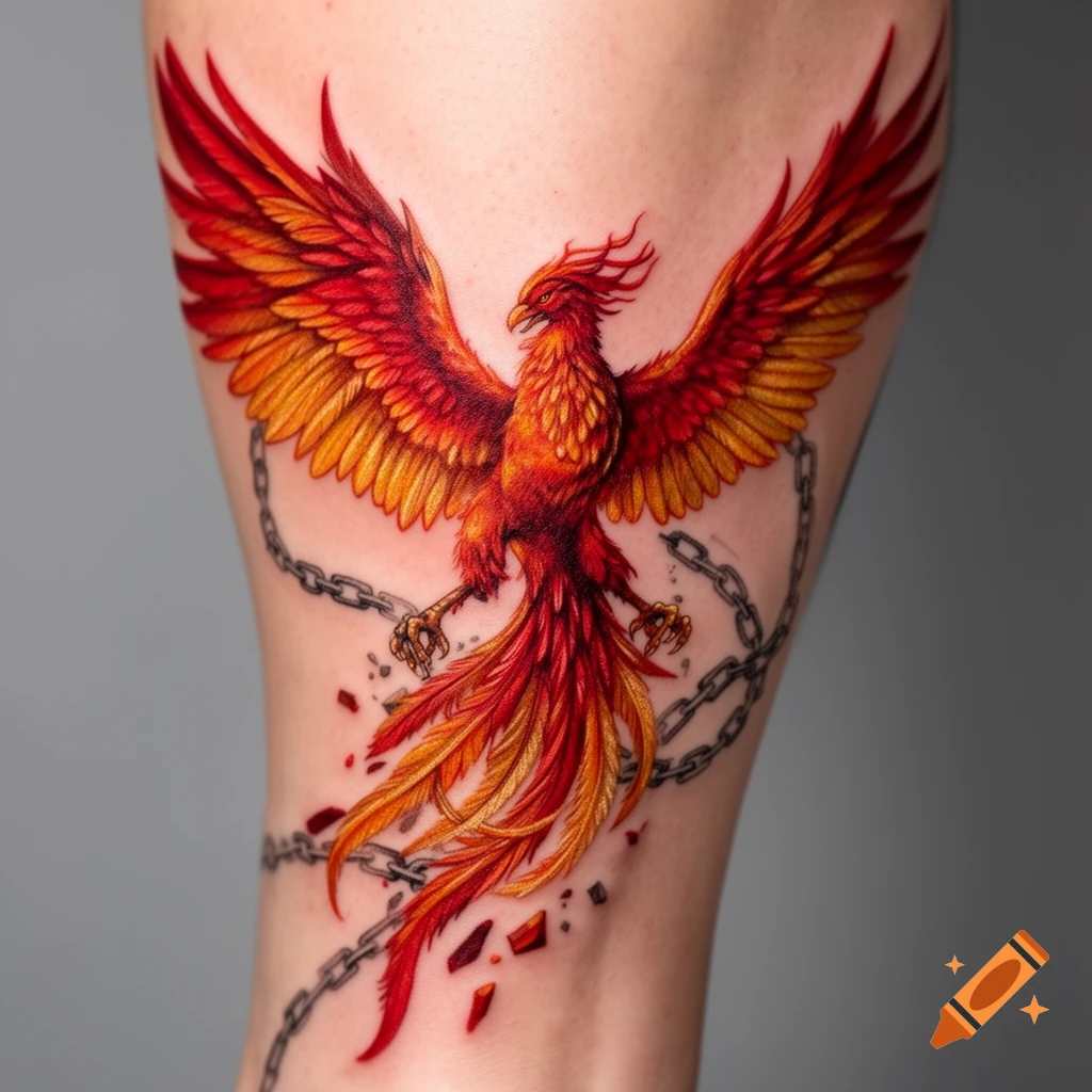 A vibrant red and gold phoenix tattoo with spread wings and broken chains on a person's skin.