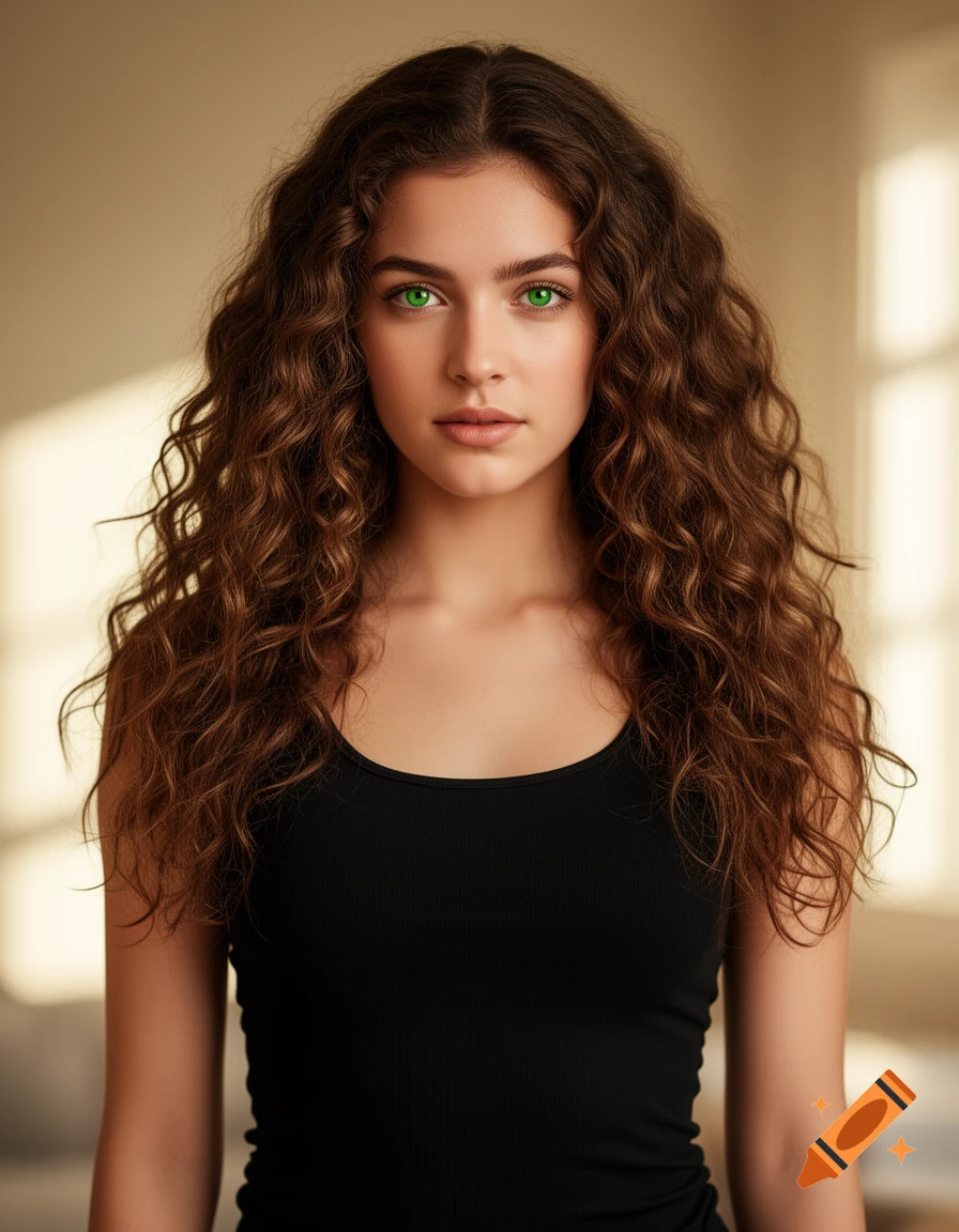 A close-up portrait of a young woman with long, curly brown hair and striking green eyes, wearing a black tank top.