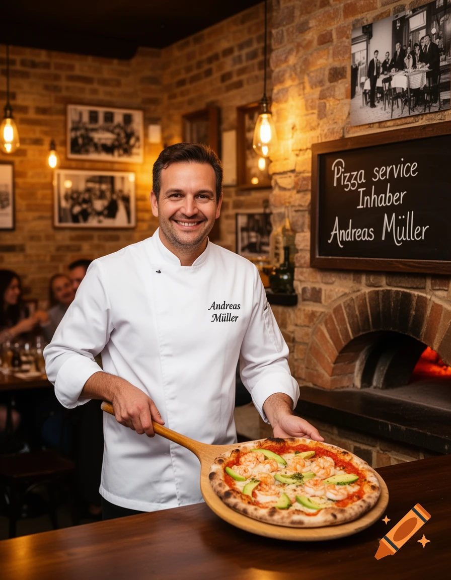 A smiling chef in a white uniform holds a freshly baked shrimp and avocado pizza on a peel in a rustic restaurant with a brick oven.
