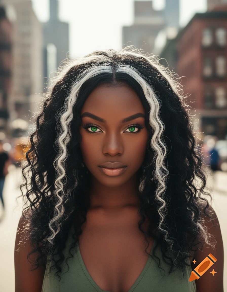 A dark-skinned woman with long, curly black hair featuring white streaks and striking green eyes looks straight ahead in an urban setting.
