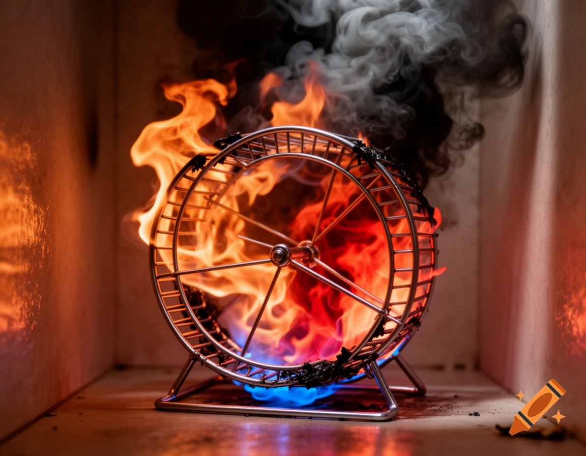 Photorealistic image of a chrome hamster wheel engulfed in flames and dark smoke inside a confined space.