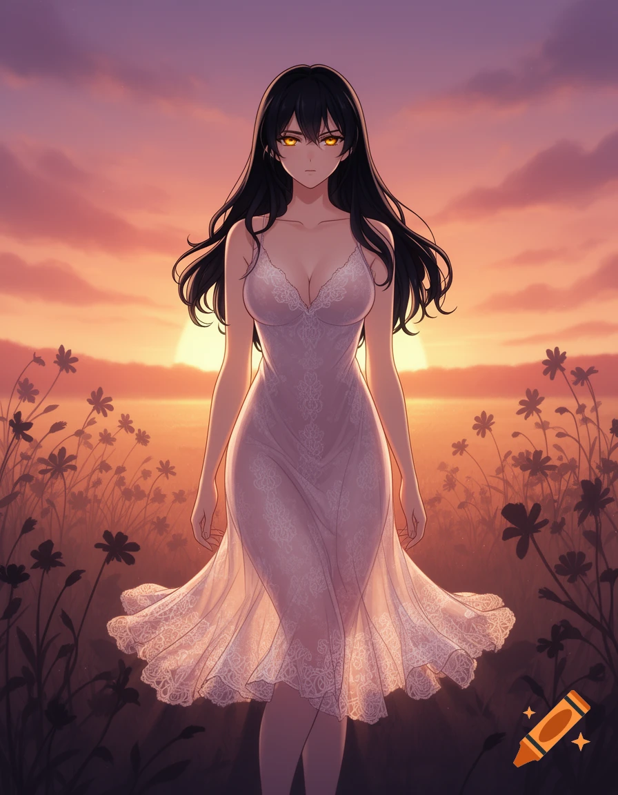 An anime woman with black hair and glowing yellow eyes in a sheer white dress stands in a flower field at sunset.