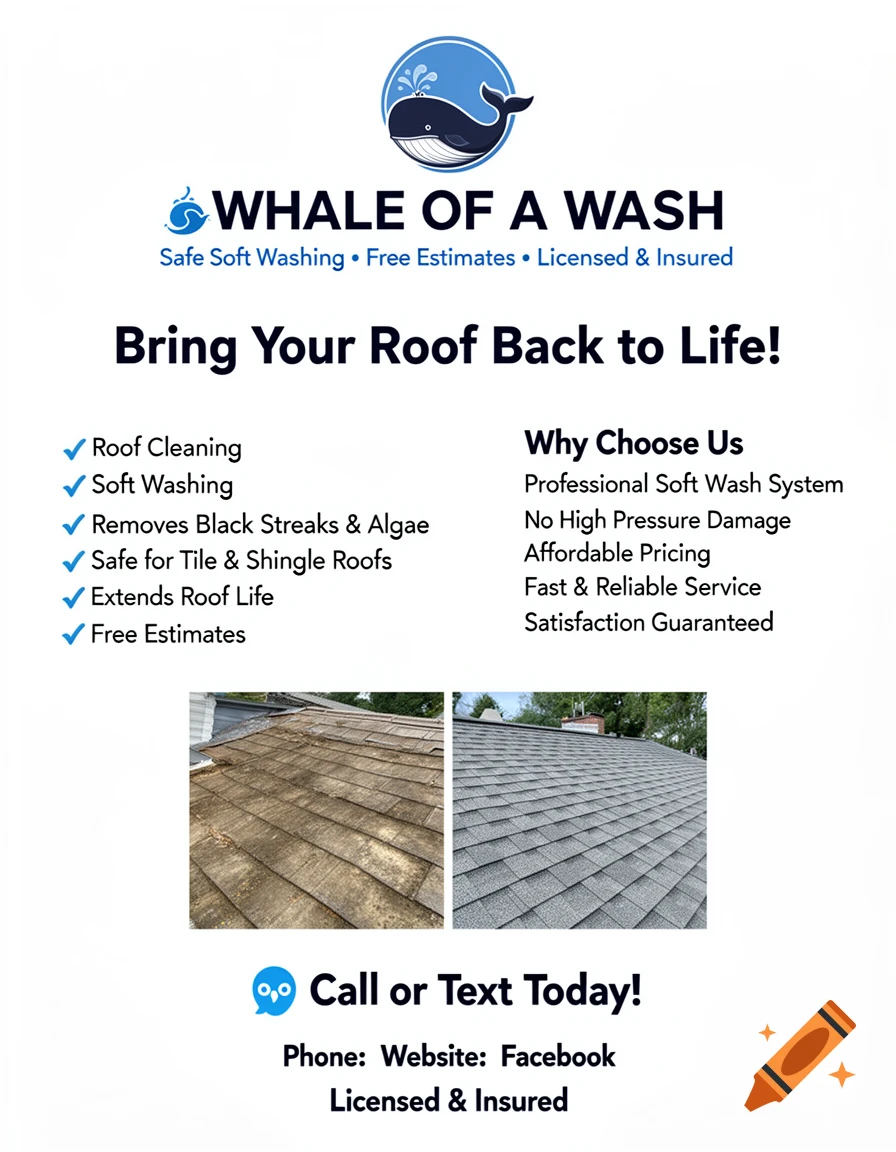 A white flyer for 'Whale of a Wash' roof cleaning service, featuring a whale logo, services list, benefits, and before-and-after images of a roof.