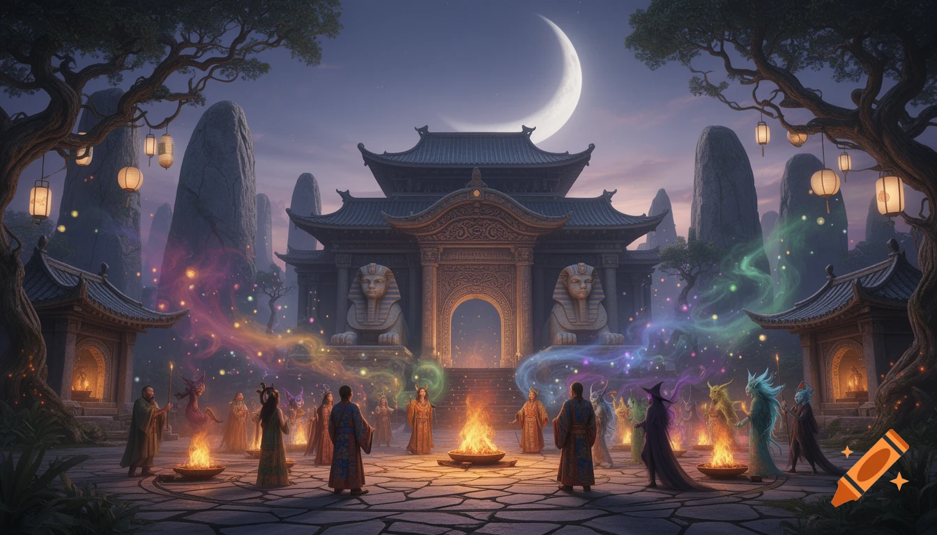 Shamans, witches, and yokai perform a ritual around bonfires at an ornate Japanese-Egyptian temple under a crescent moon, surrounded by glowing magical wisps.