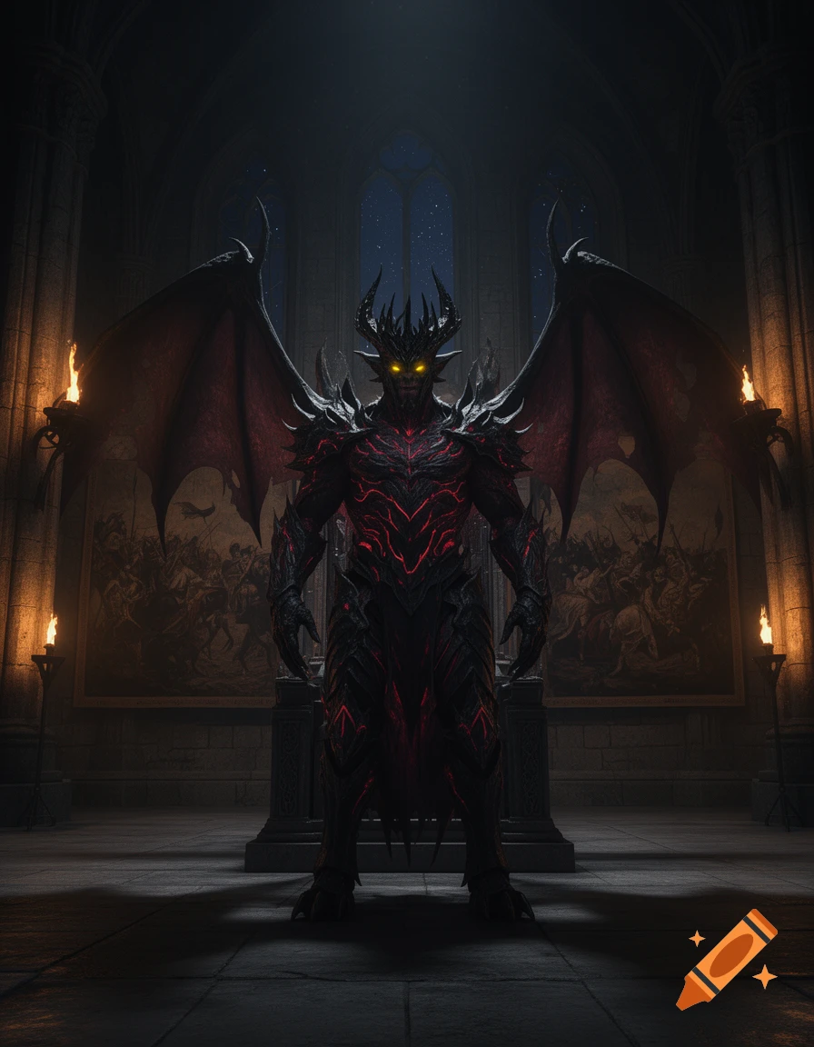 A demonic king with large wings, spiky armor, and glowing yellow eyes stands in a dark gothic hall.