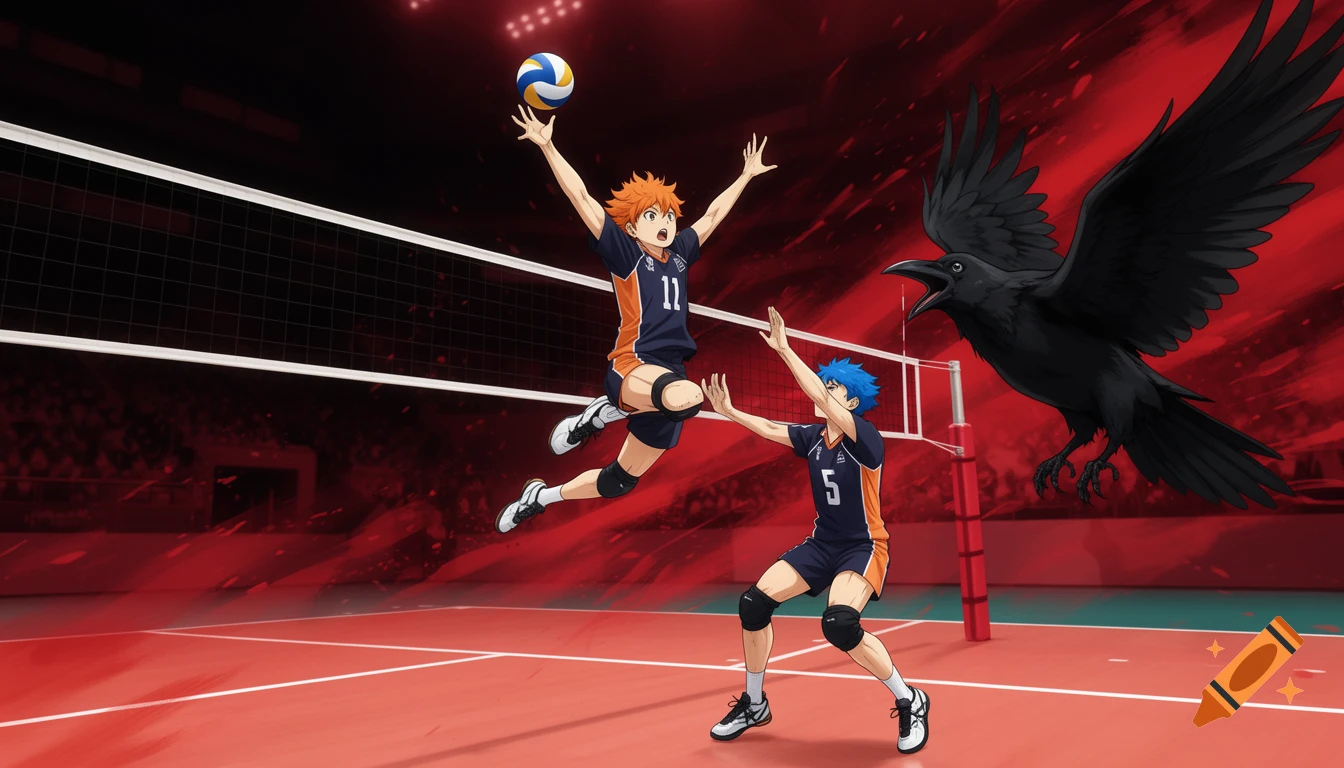 Anime art of two boys playing volleyball on a red court, one jumping to spike, the other setting, with a large black crow.