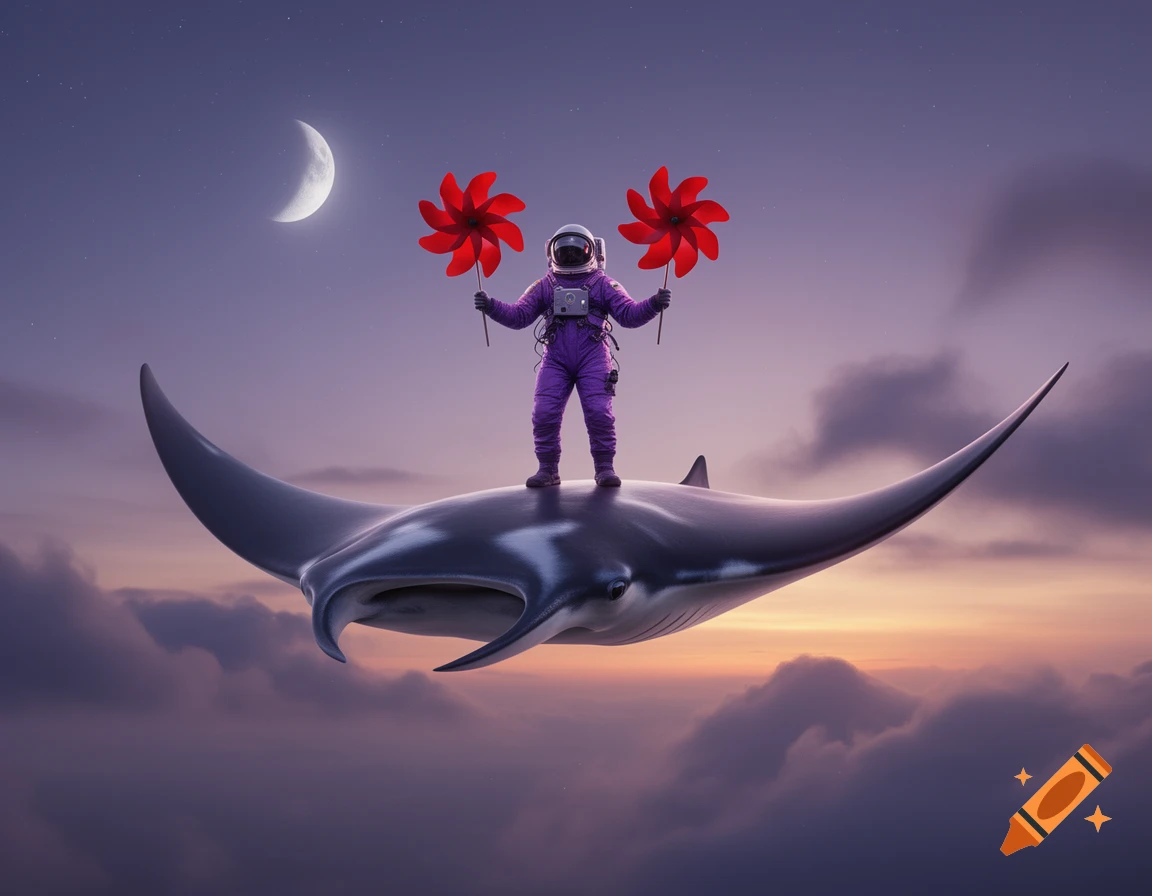 A purple astronaut holds two red pinwheels while riding a giant flying manta ray in a twilight sky with a crescent moon.