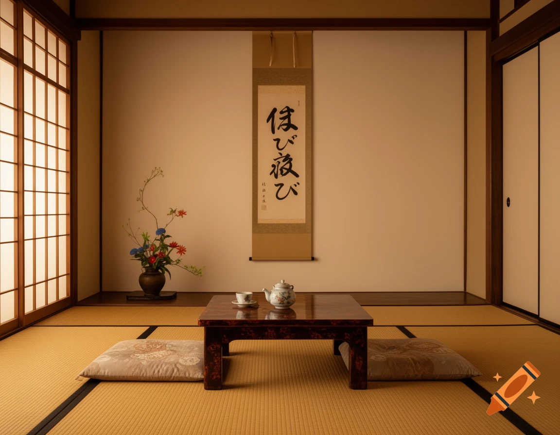 Traditional Japanese room with tatami mats, a low table with teapot, floor cushions, a flower arrangement, and a calligraphy scroll.