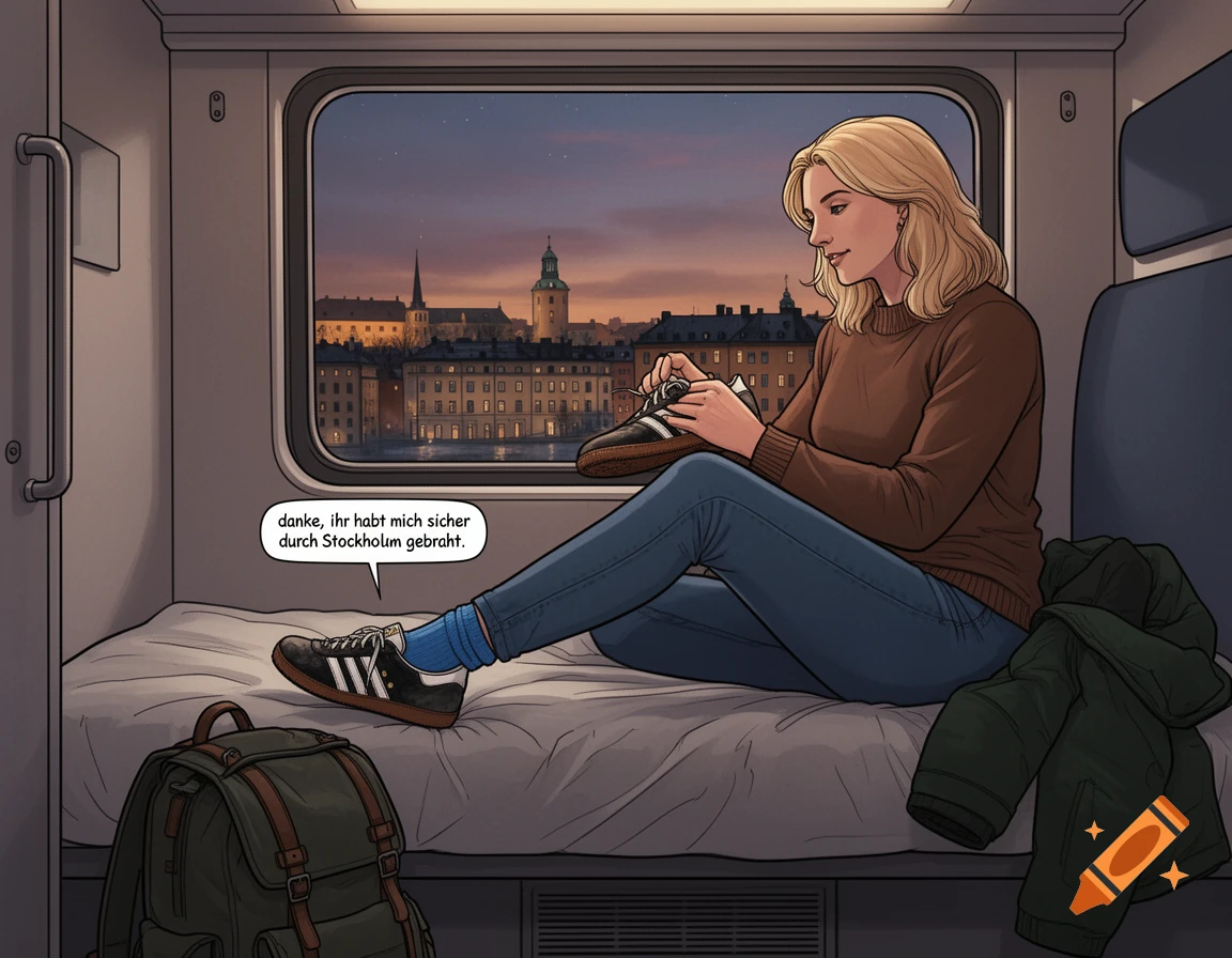 A woman in a comic art style sits in a train compartment, looking at the city lights of Stockholm outside her window at dusk. She is holding one of her sneakers.