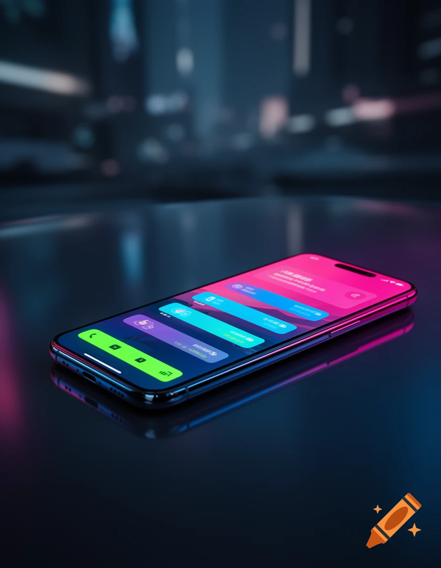 A sleek smartphone with a colorful, neon-lit user interface lies on a reflective dark surface in a dark, blurry background.