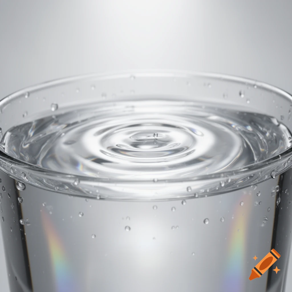 Close-up of clear water in a glass with concentric ripples on the surface and droplets on the sides, against a light background.