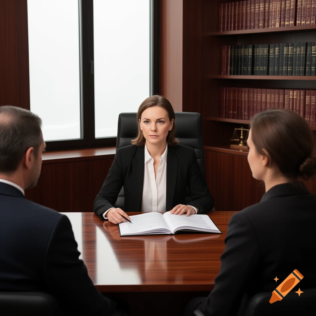 A woman, possibly a notary or interpreter, sits at a large wooden desk, meeting two clients in a professional office with a bookshelf.