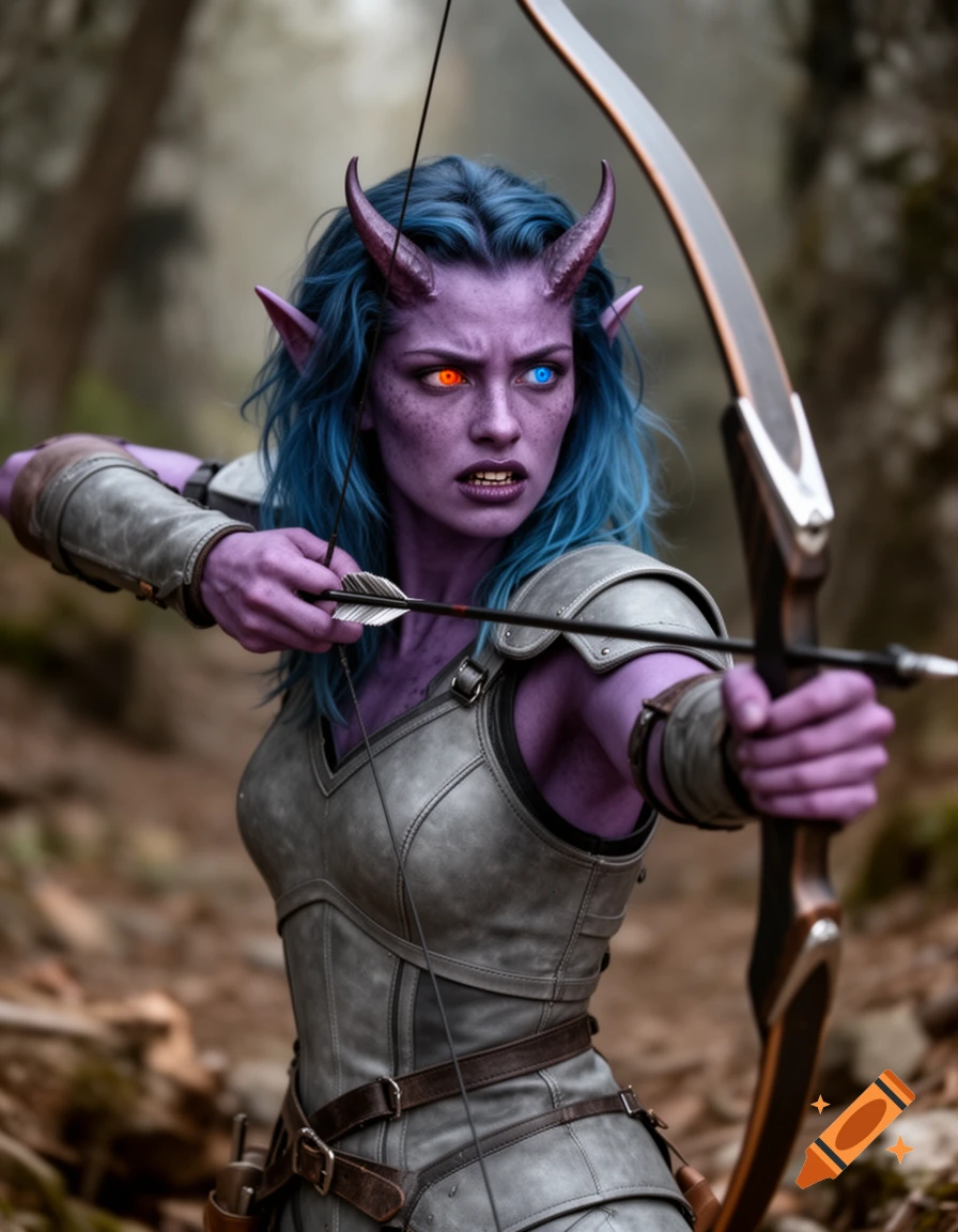 A purple-skinned tiefling woman with blue hair, horns, and mismatched orange and blue eyes aims a longbow while wearing grey leather armor in a forest.