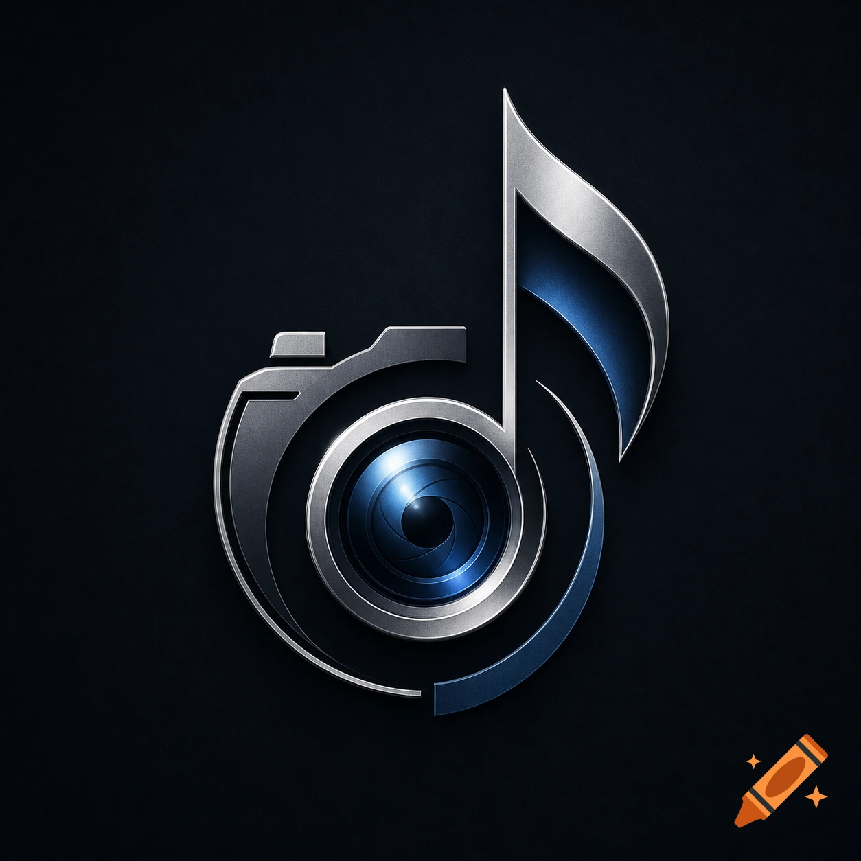 Metallic silver and blue logo combining a camera lens and a musical note on a dark background.
