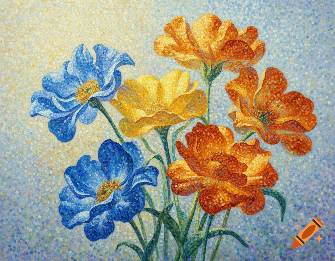 Pointillist painting of blue, yellow, and orange flowers with a dappled background, in the style of Paul Signac.