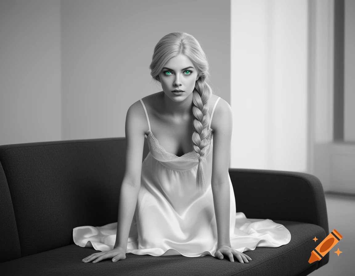 Monochromatic portrait of a woman with green eyes and a long braid, wearing a white silk nightgown on a sofa.
