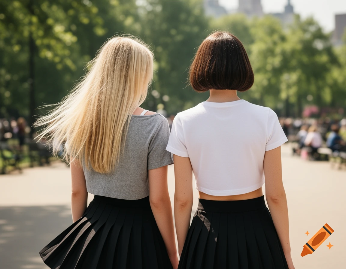 Two young women with blonde and bobbed brown hair, seen from behind in a park, wearing crop tops and black pleated skirts. Photorealistic.