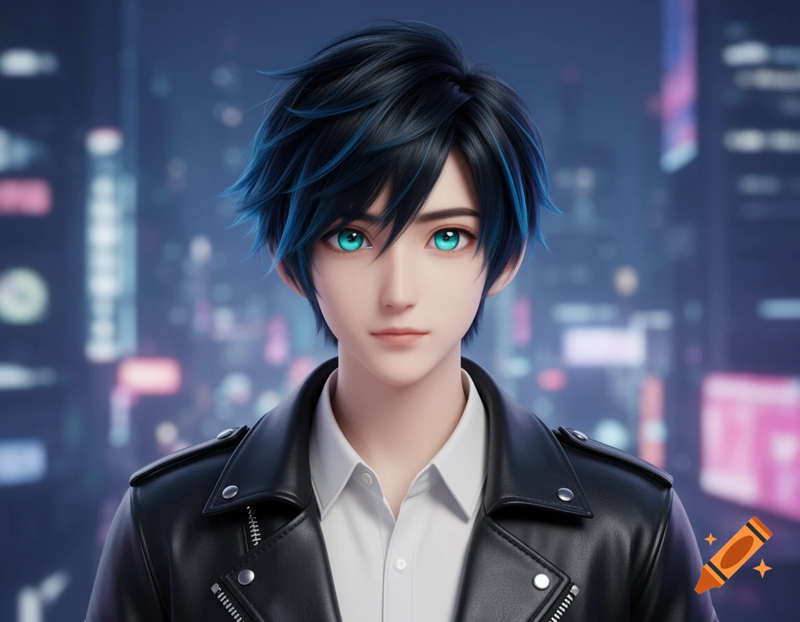 Close-up of a stylized anime male character with black and blue hair, turquoise eyes, and a black leather jacket against a blurry city night background.