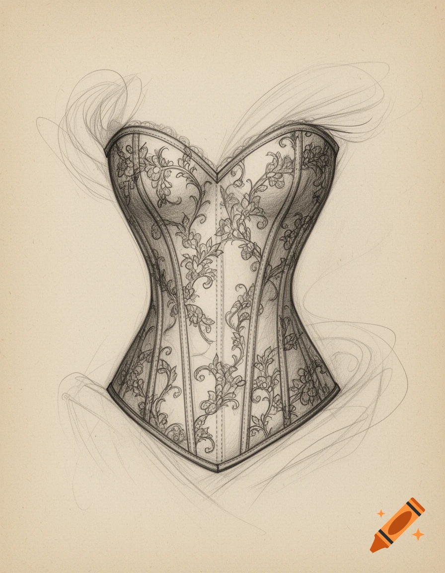 Detailed pencil sketch of an ornate lace corset with delicate floral patterns.