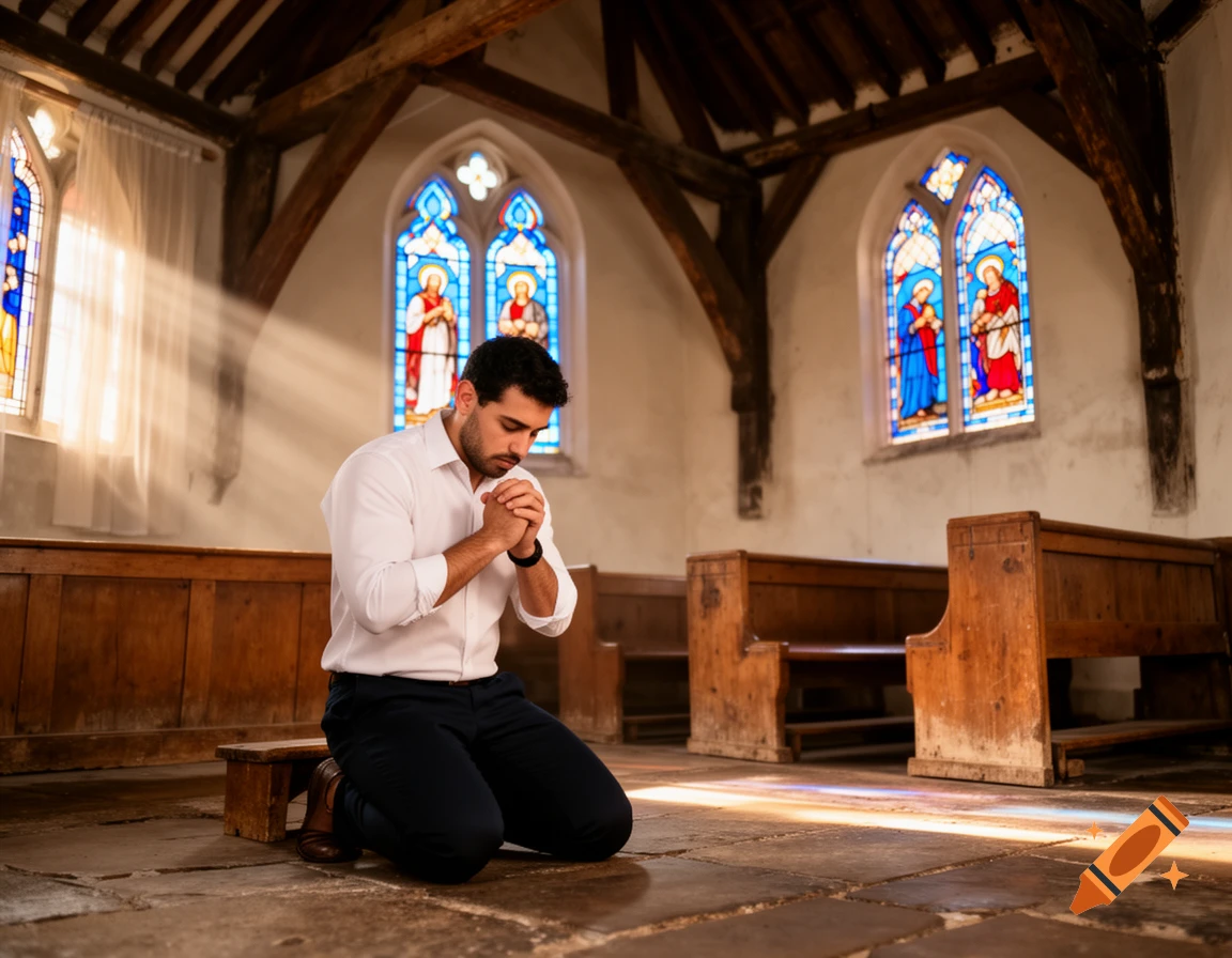 A man kneels with clasped hands in prayer inside a church, illuminated by sunlight streaming through stained glass windows.