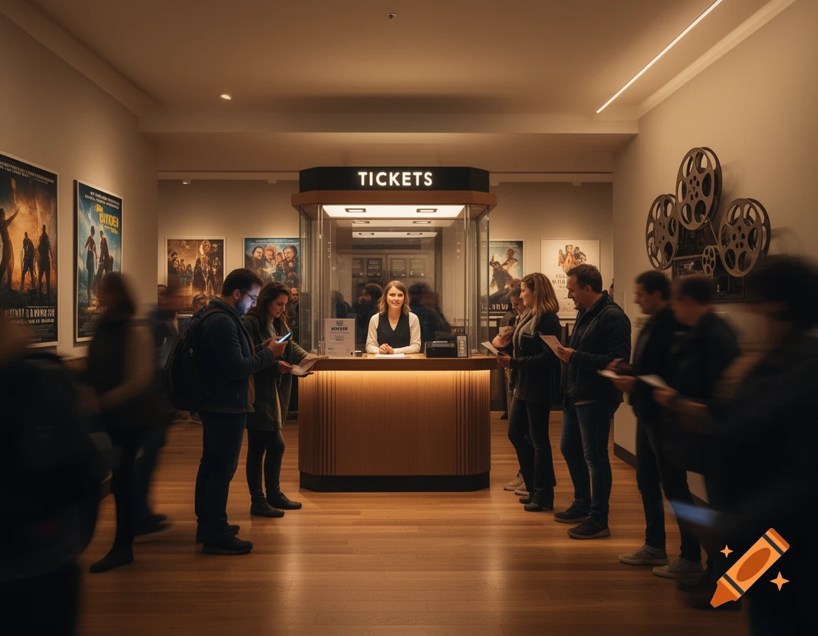 A dimly lit cinema lobby features a ticket booth with a smiling attendant, surrounded by people queuing and movie posters.