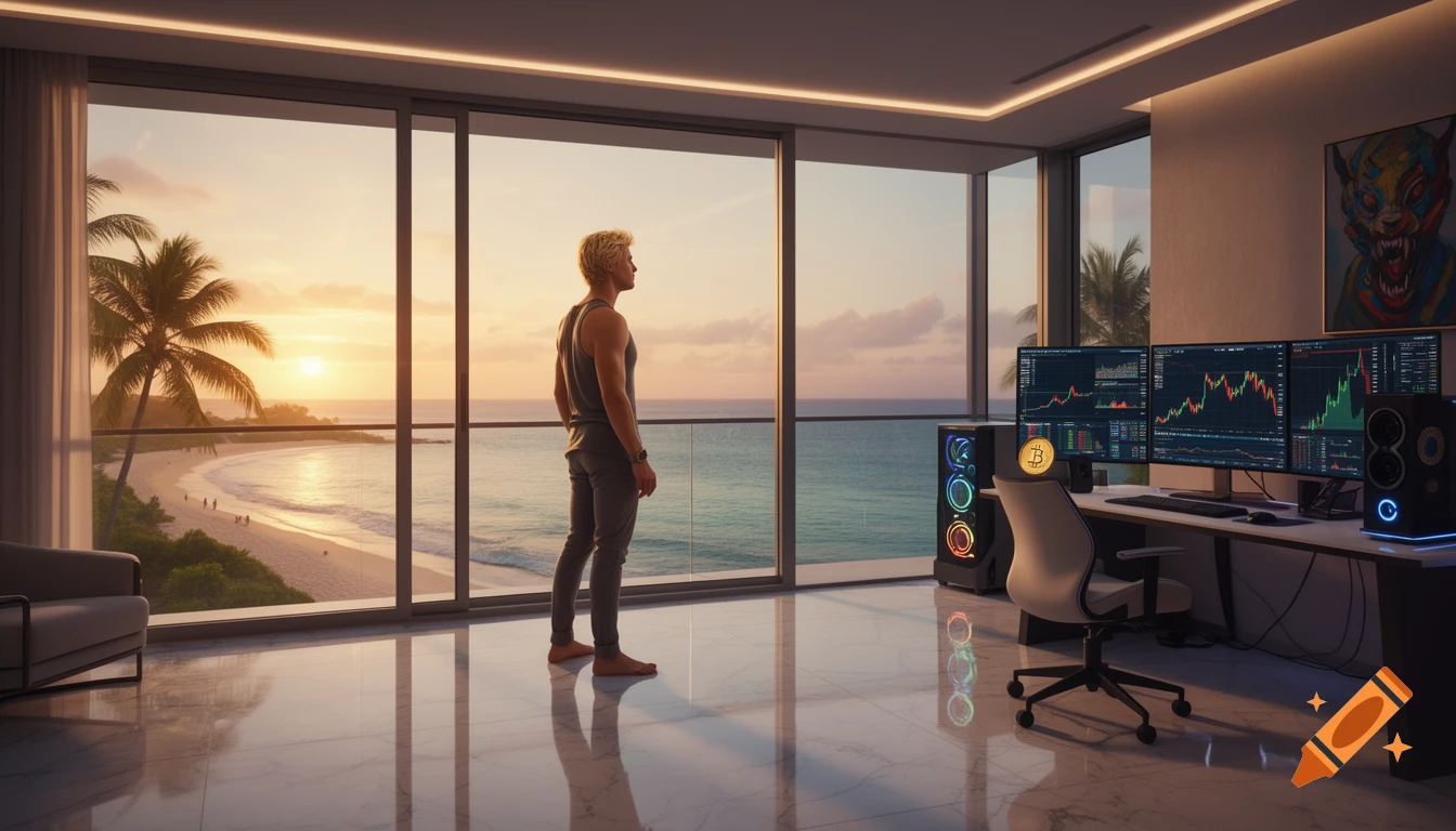 Photorealistic digital illustration of a man in a penthouse with marble floors, overlooking a tropical beach at sunset, with a crypto workstation.
