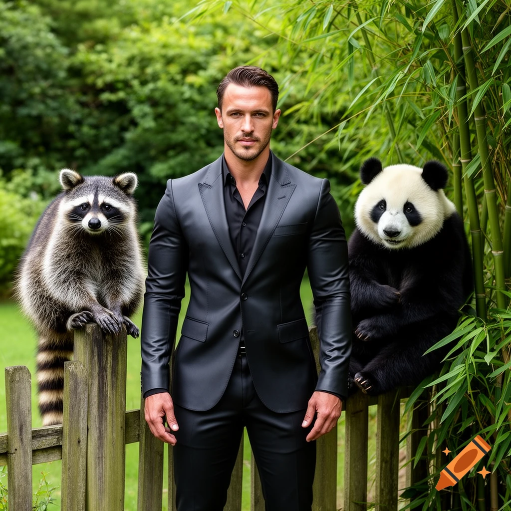A man in a black suit stands between a raccoon on a wooden fence and a panda by bamboo in a garden.