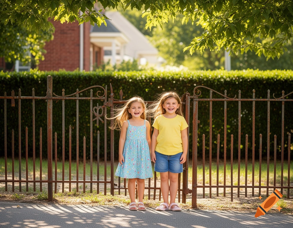 Two smiling girls stand in front of an old metal gate, bathed in sunlight under trees, with a house in the background.