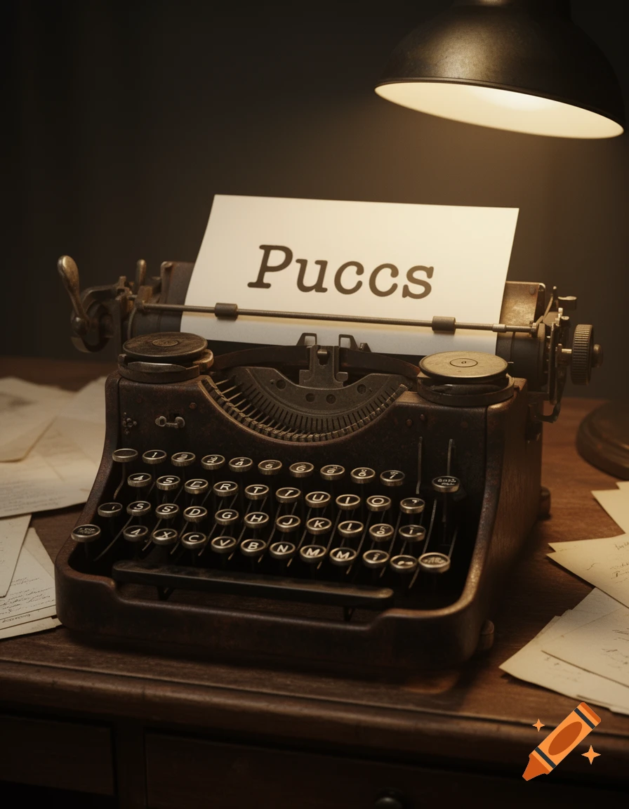 A vintage typewriter sits on a wooden desk under a warm lamp, with the word "Puccs" typed on paper.
