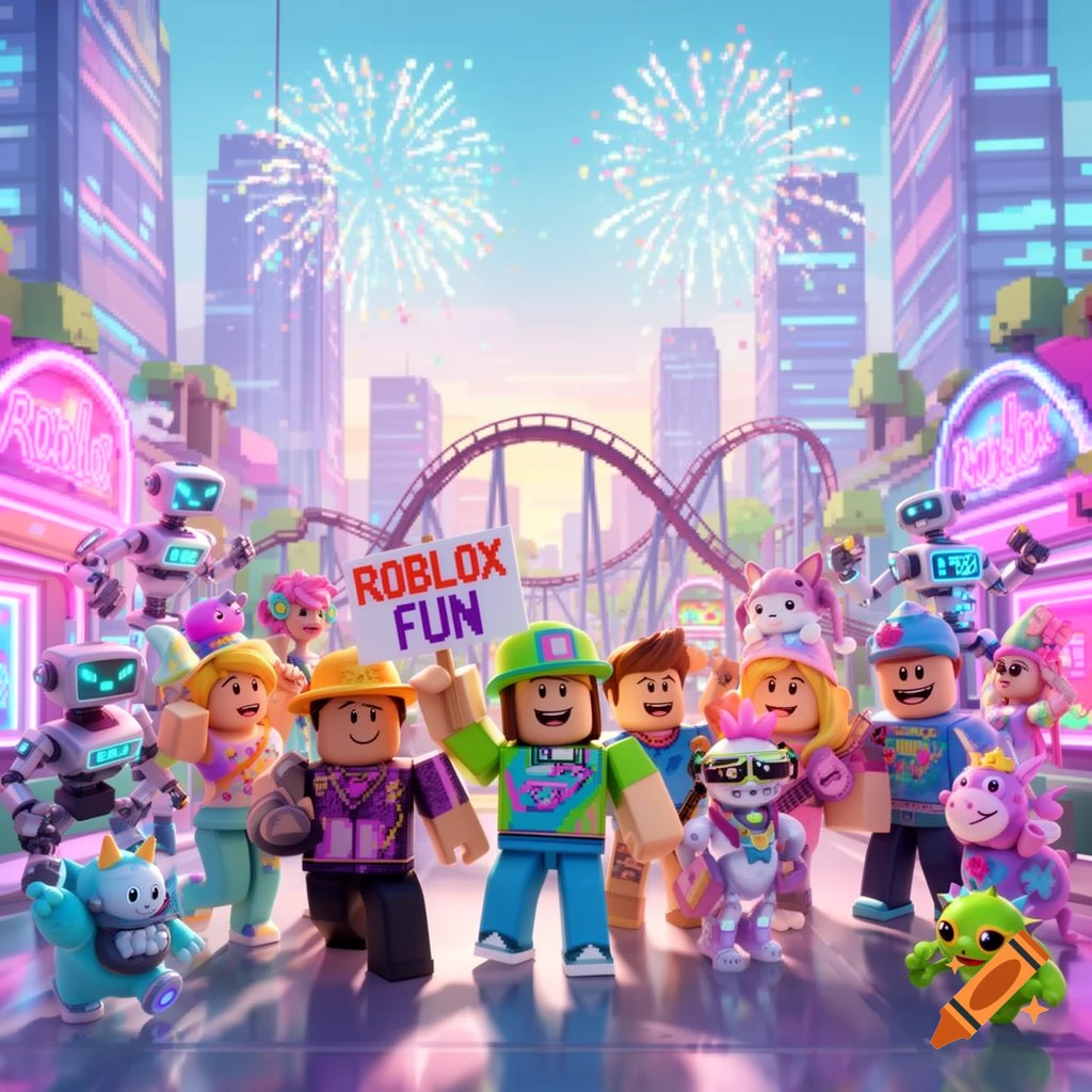 A group of Roblox-style characters and robots celebrate in a vibrant, pixelated city with fireworks, one holding a 'ROBLOX FUN' sign.