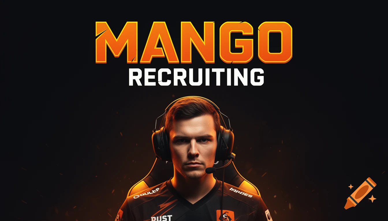 A serious male esports player wearing a headset and black jersey with orange accents, seated in a gaming chair. Above him, large orange text reads "MANGO RECRUITING" on a dark, smoky background.