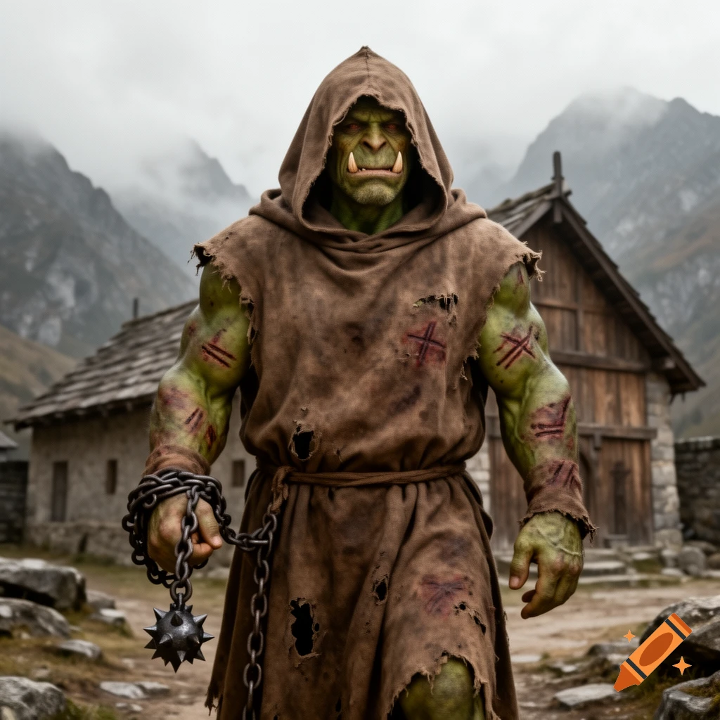 A photorealistic hooded green-skinned orc in tattered robes holds a flail in a mountainous village.