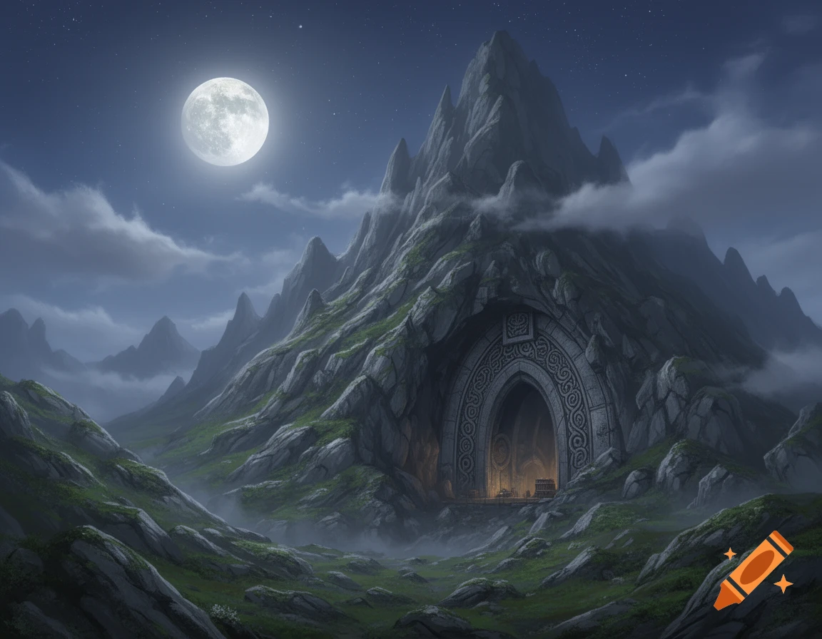 A majestic fantasy landscape at night with a full moon illuminating a grand, carved cave entrance built into a rocky, moss-covered mountain amidst mist.