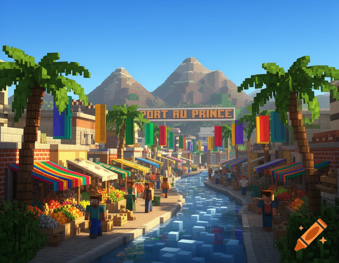 A Minecraft-style bustling market street in Port-au-Prince, featuring vendors, a central river, palm trees, and blocky mountains in the background.