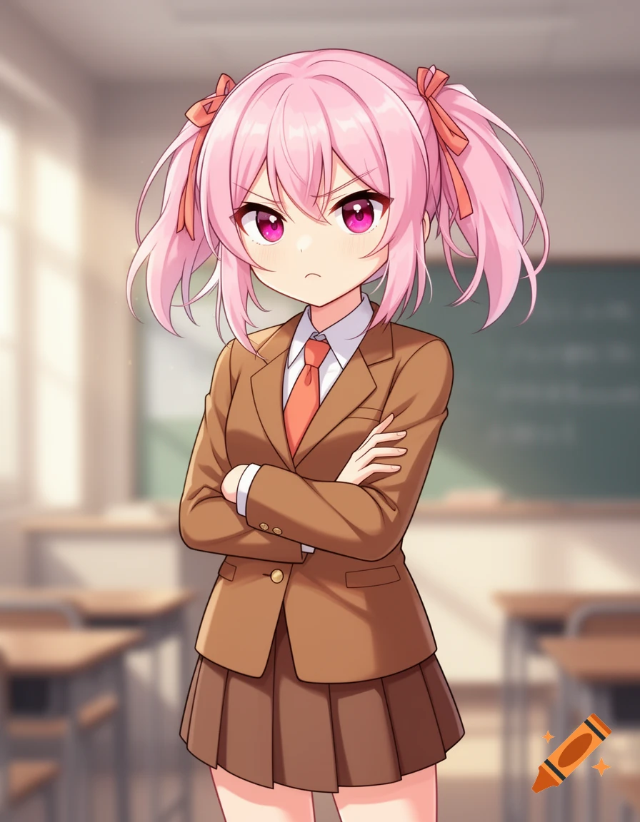 An angry anime girl with pink pigtails and magenta eyes, wearing a brown school uniform, stands with arms crossed in a blurred classroom background.