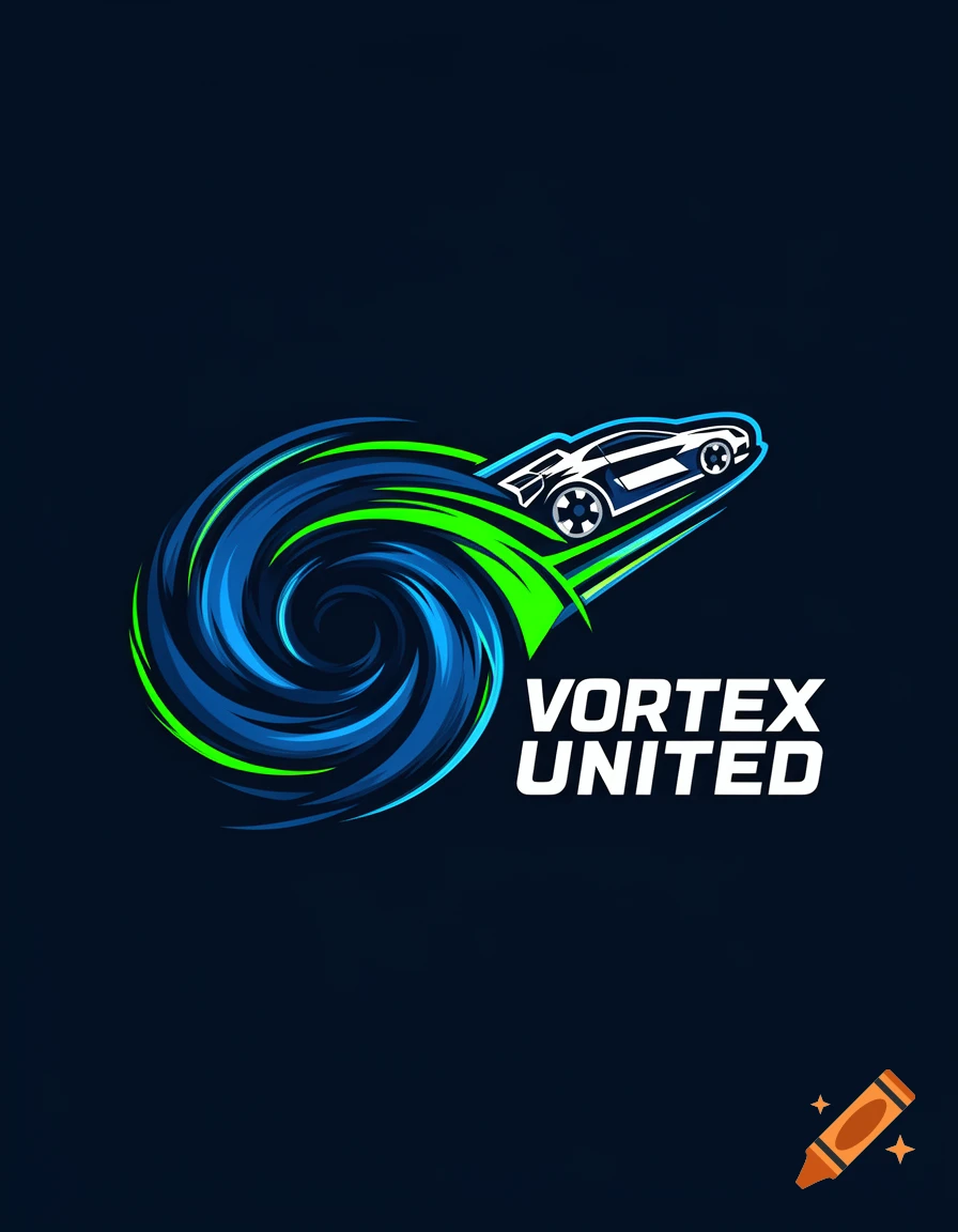 Logo featuring a stylized white car speeding from a blue and green vortex, with "VORTEX UNITED" text.
