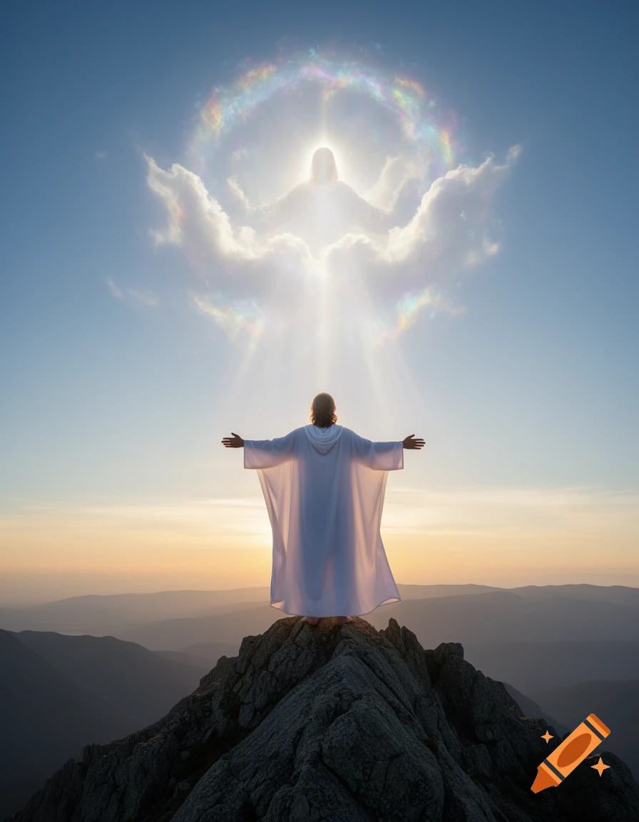 A person in white robes stands on a mountain peak with arms outstretched, looking up at a glowing, human-like figure in the clouds with a rainbow halo during sunrise.