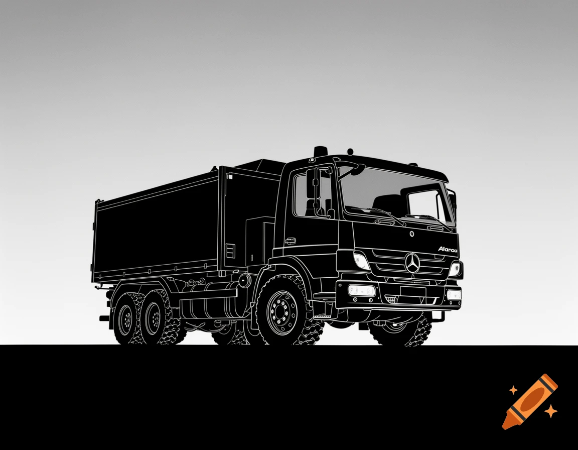 Black silhouette illustration of a Mercedes-Benz dump truck with white outlines on a grey gradient background.